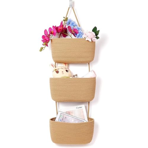 Hängeorganizer Geflochten Korb Hängend Wand Organizer, 3 Etagere Hängeaufbewahrung Hängende Tasche Aus Baumwollseil, Faltbare Hängeregal Pflanzkorb Für Bad, Schlafzimmer, Kinderzimmer (Braun) von TSQZE