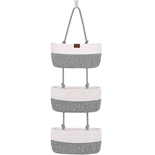 Hängeorganizer Geflochten Korb Hängend Wand Organizer, 3 Etagere Hängeaufbewahrung Hängende Tasche Aus Baumwollseil, Faltbare Hängeregal Pflanzkorb Für Bad, Schlafzimmer, Kinderzimmer (Stil C) von TSQZE