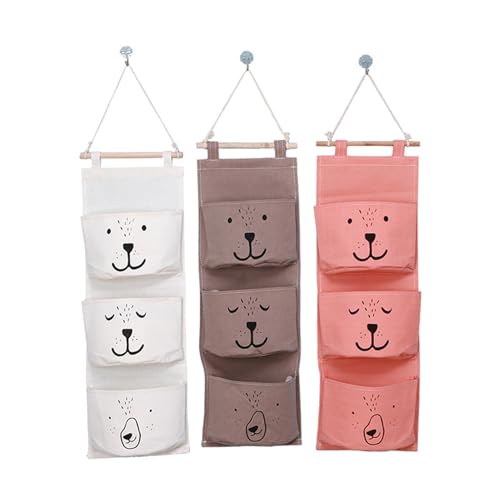 Hängeorganizer mit 3 Taschen, Wasserdichtes Baumwollleinen Hängeaufbewahrung, Hängender Organizer Wand, Hängend Korb, Wandorganizer Für Kinderzimmer (Weiß+grau+rosa) von TSQZE