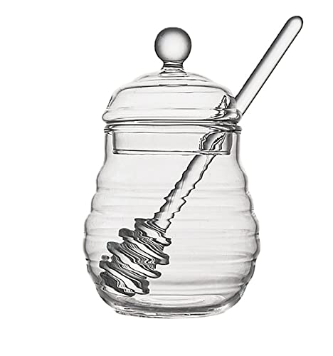 TSQZE Glas Honigtopf Honigglas Glas Honigspender Glas,Transparentes Honiggläser In Bienenstockform Mit Deckel Und Honig Löffel (Stil B) von TSQZE