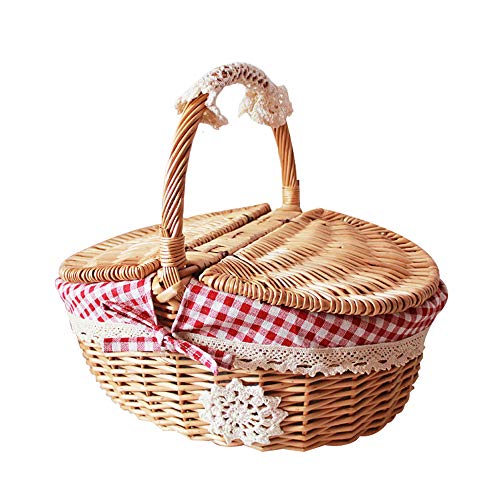 TSTSM Picknickkörbe Aus Weidengeflecht Handgefertigter Picknickkorb Aufbewahrungskorb Oval Camping Weiden Gewebter Picknickkorb Mit Deckel Und Griff-Pink-25 * 18 * 26cm von TSTSM