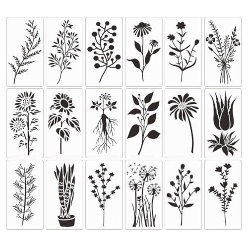 TSUOUKL 18 Stück Blumen Schablone, Wiederverwendbar Wildblumen Schablonen zum Malen, 15 * 7,5 cm Malschablonen DIY Vorlagen Malerei Schablonen Set für Scrapbooking Holz Boden Wand Fliesen von TSUOUKL