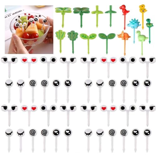 TSUOUKL 54 Stück Food Picks, Obstgabeln, Mini Augen Obst Gabel, Wiederverwendbar Obst Zahnstocher für Kinder Erwachsene Desserts Obst Gebäck Party Mittagessen Bento von TSUOUKL