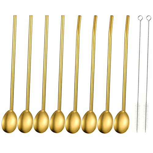 TSWRK 8PCS Cocktaillöffel Set Edelstahl Strohhalme Löffel 2 in 1 Wiederverwendbar mit 2 Reinigungsbürste von TSWRK