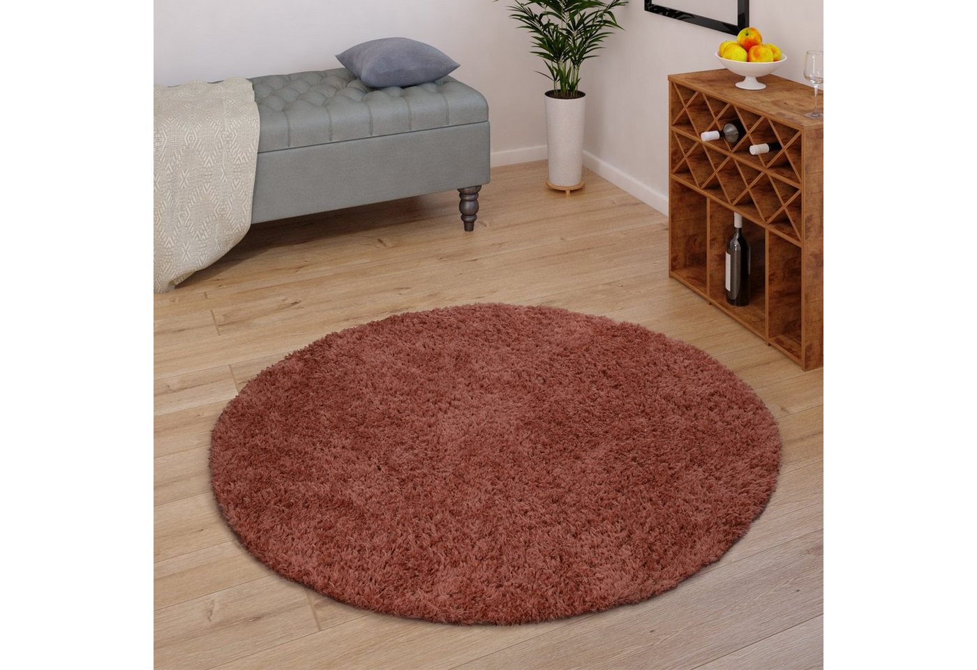 Hochflor-Teppich Teppich Wohnzimmer Hochflor Einfarbiges Design Modern Flauschig, TT Home, rund, Höhe: 44 mm von TT Home