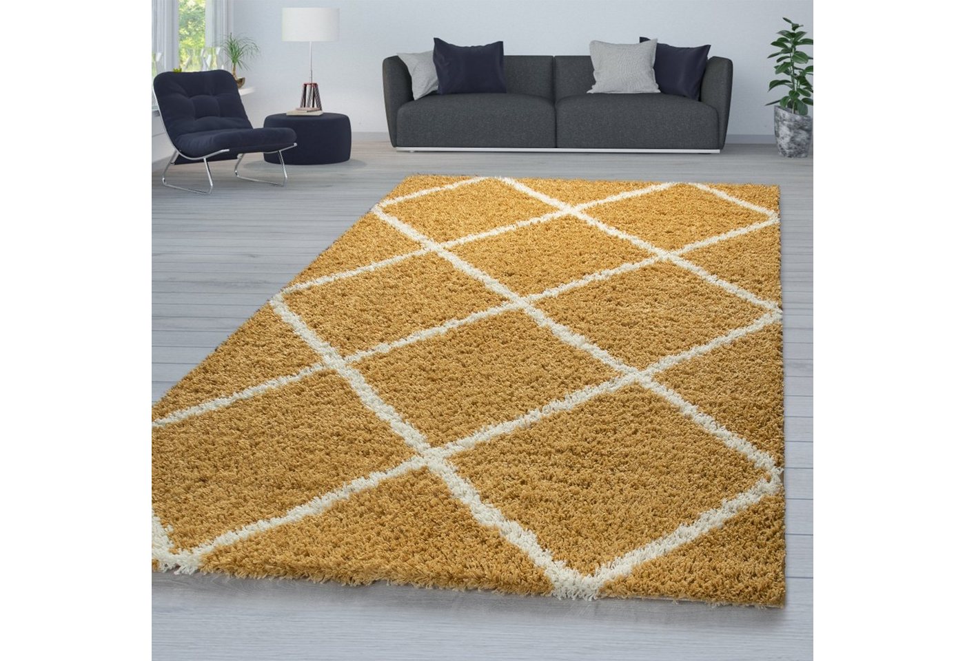 Hochflor-Teppich Wohnzimmer Hochflor Teppich Shaggy Modern Rauten, TT Home, rechteckig, Höhe: 44 mm von TT Home