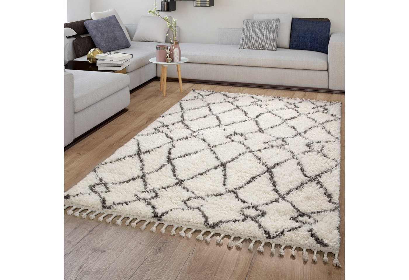 Hochflor-Teppich Wohnzimmerteppich Hochflor Langflor Mit Fransen Skandinavisch, TT Home, Läufer, Höhe: 44 mm von TT Home