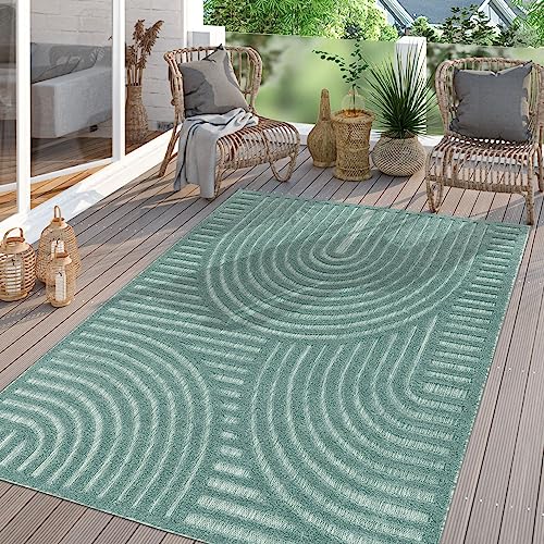 In-& Outdoor Teppich Wetterfest Balkon Küche Wohnzimmer Boho Skandi Design, Farbe:Grün Türkis Blau, Größe:160 cm Rund von TT Home