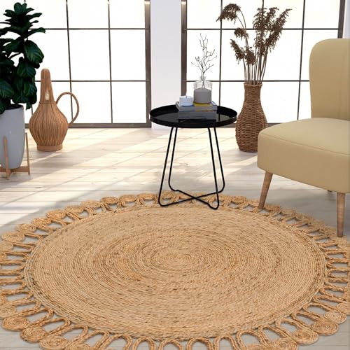 TT Home Jute Teppich Rund Wohnzimmer Esszimmer Boho Modern Handgemacht Mit Umrandung, Farbe: Natur 5, Größe:200 cm Rund von TT Home