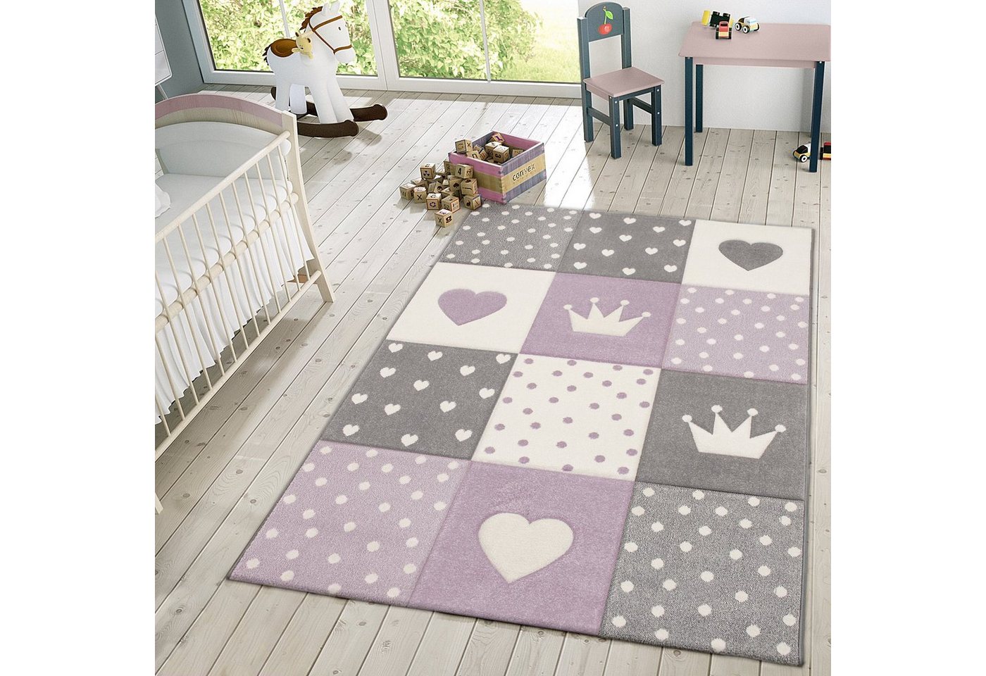 Kinderteppich »Kinder Teppich Spielteppich Karos Punkte Sterne Herzen Pastell Lila Grau«, TT Home, rechteckig, Höhe 16 mm von TT Home