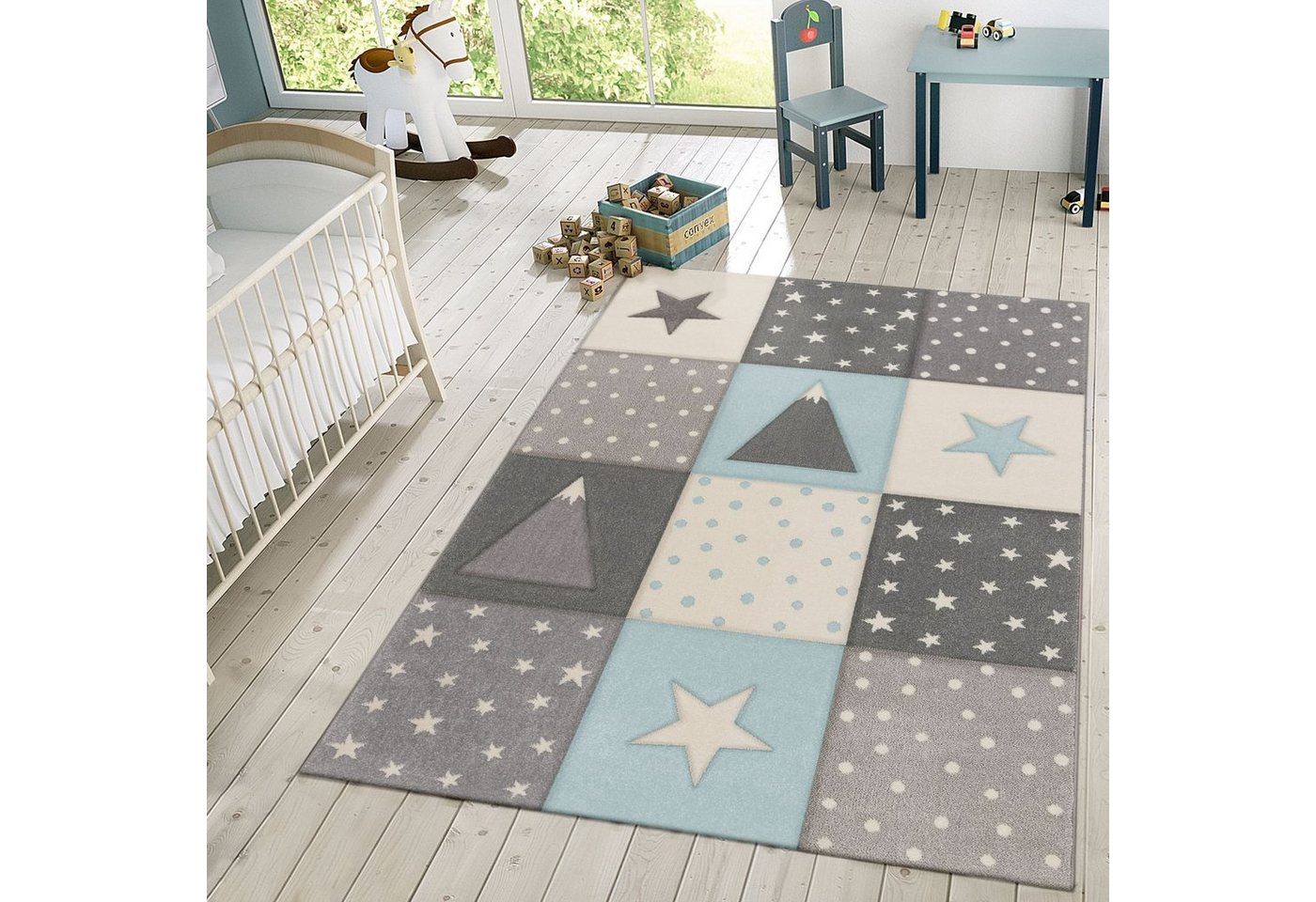 Kinderteppich »Kinder Teppich Spielteppich Karos Punkte Sterne Mond Pastell Türkis Weiß Grau«, TT Home von TT Home