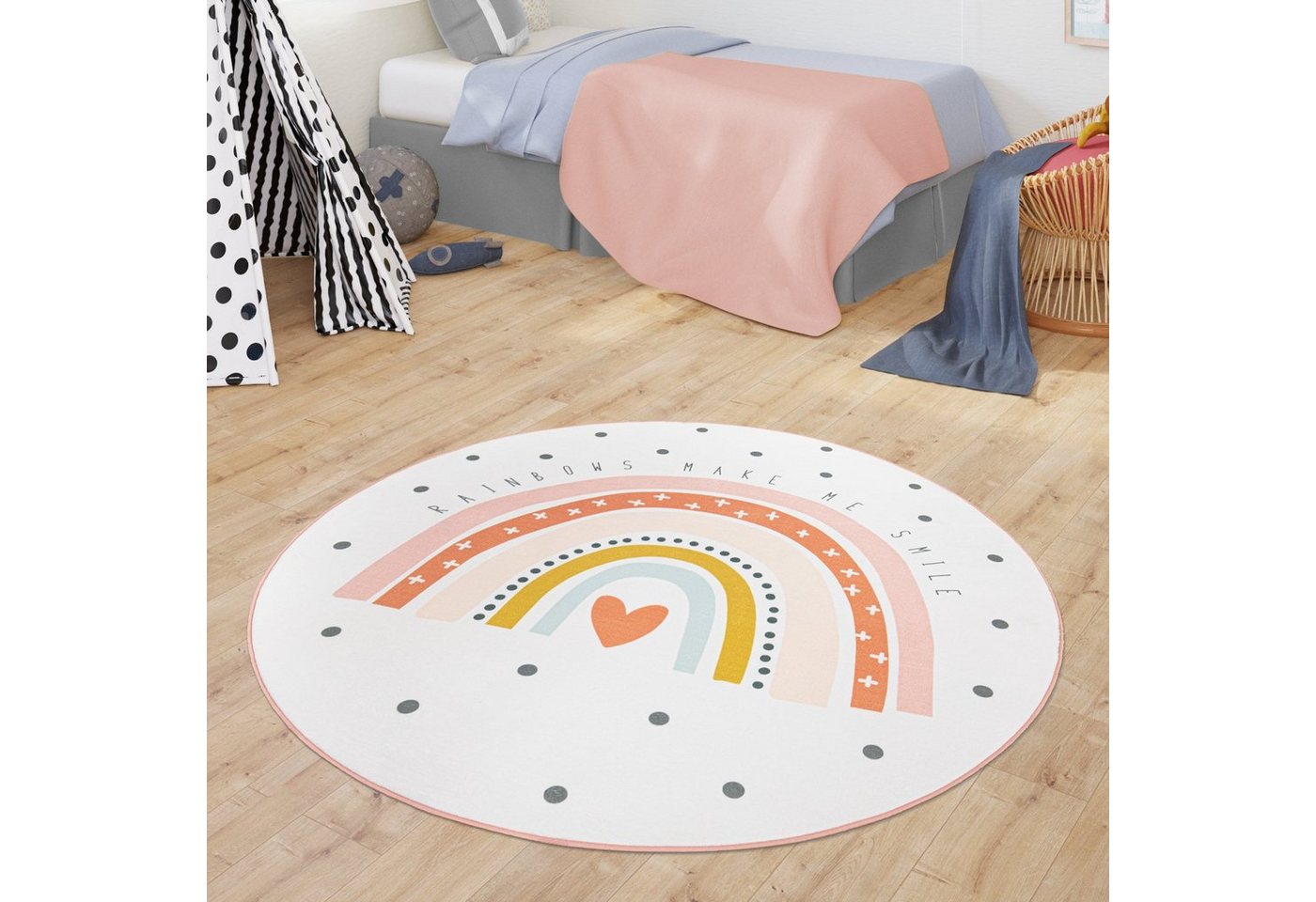 Kinderteppich Teppich Kinderzimmer Kinderteppich Babymatte Regenbogen Motiv, TT Home, rund, Höhe: 4 mm von TT Home