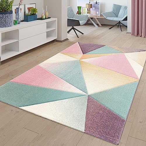 Moderner Teppich Wohnzimmer Teppiche Trapez Muster Pastell Farben Multicolor, Größe:160x220 cm von TT Home