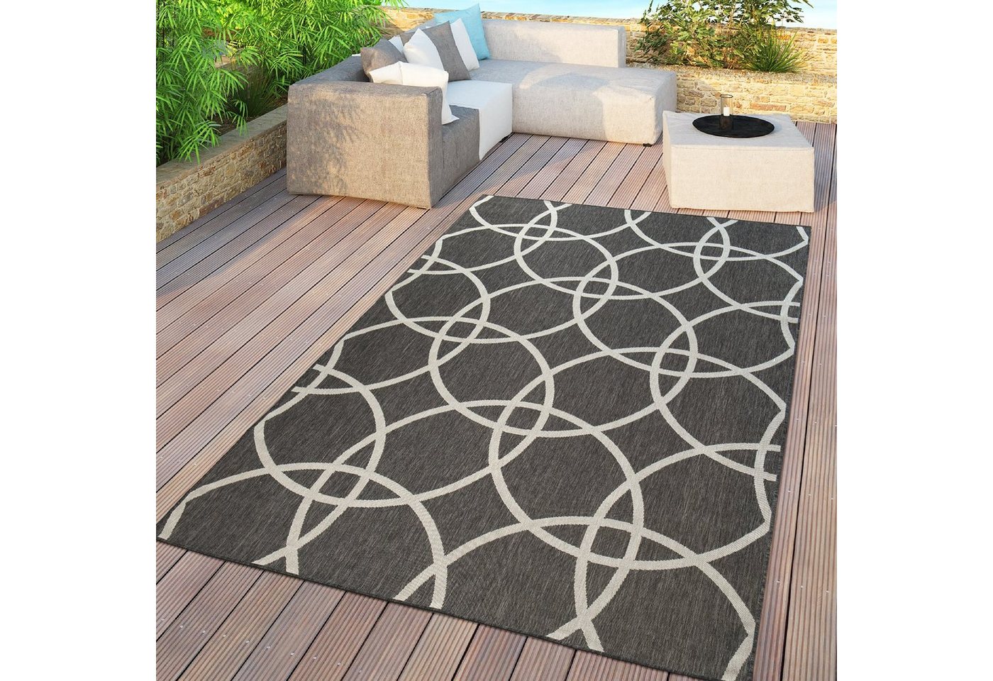 Outdoorteppich Outdoor-Teppich Schwarz Balkon Terrasse Wohnzimmer Kreis, TT Home, Läufer, Höhe: 5 mm von TT Home