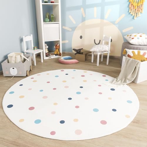 TT Home Babyzimmer Teppich Rund Kinderzimmer Waschbar Regenbogen Sonne, Farbe:Beige Blau Gelb, Größe:100 cm Rund von TT Home