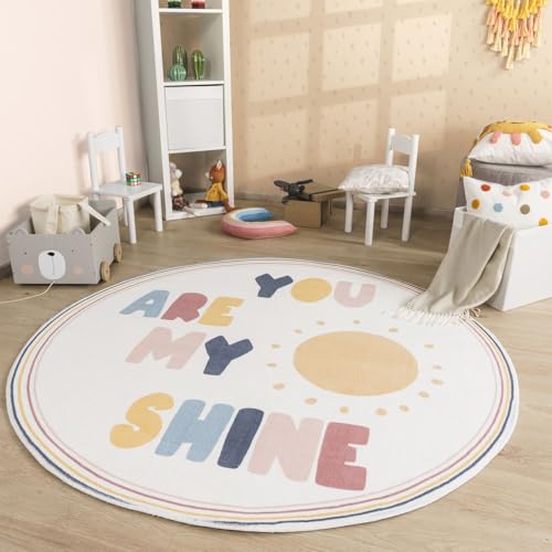 TT Home Babyzimmer Teppich Rund Kinderzimmer Waschbar Regenbogen Sonne, Farbe:Blau Gelb Creme, Größe:100 cm Rund von TT Home