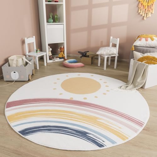 TT Home Babyzimmer Teppich Rund Kinderzimmer Waschbar Regenbogen Sonne, Farbe:Blau Gelb Pink, Größe:100 cm Rund TT Home Babyzimmer Teppich Rund Kinderzimmer Waschbar Regenbogen Sonne, Farbe:Blau Gelb Pink, Größe:100 cm Rund von TT Home