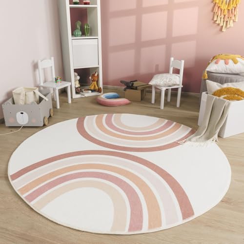 TT Home Babyzimmer Teppich Rund Kinderzimmer Waschbar Regenbogen Sonne, Farbe:Rosa Beige Pink, Größe:100 cm Rund von TT Home
