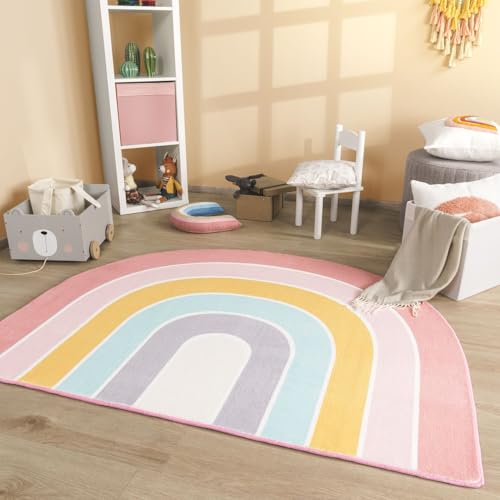 TT Home Babyzimmer Teppich Rund Kinderzimmer Waschbar Regenbogen Sonne, Farbe:Rosa Blau Gelb, Größe:120x160 cm Regenbogen-Form von TT Home