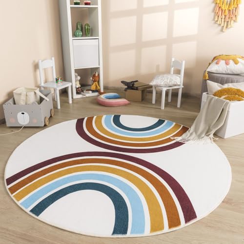 TT Home Babyzimmer Teppich Rund Kinderzimmer Waschbar Regenbogen Sonne, Farbe:Rot Beige Blau, Größe:100 cm Rund von TT Home