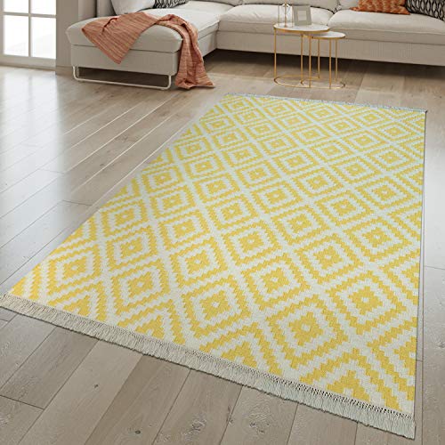 TT Home Handgewebter Fransen Trend Teppich | Moderne Marokkanische Muster | Gelb Weiß, Größe:140x200 cm von TT Home