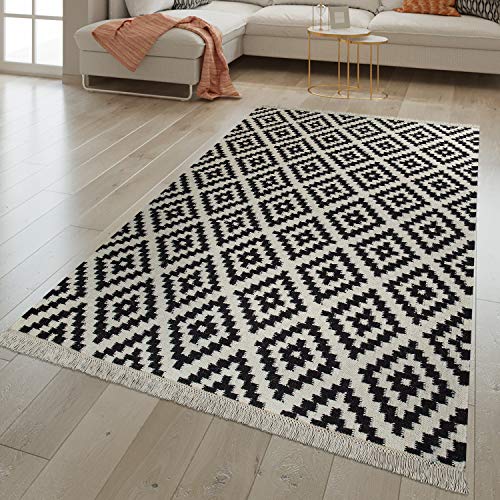 TT Home Handgewebter Fransen Trend Teppich Moderne Marokkanische Muster Schwarz Weiß, Größe:120x170 cm von TT Home