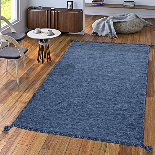 TT Home Handwebteppich Wohnzimmer Natur Webteppich Kelim Modern Baumwolle In Blau, Größe:160x220 cm von TT Home