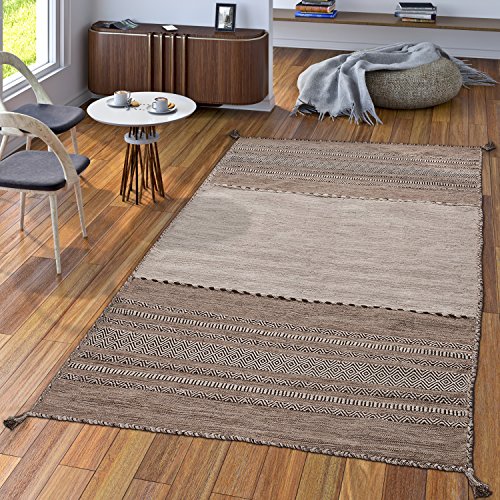 TT Home Handwebteppich Wohnzimmer Natur Webteppich Kelim Modern Baumwolle Streifen Beige, Größe:120x170 cm von TT Home