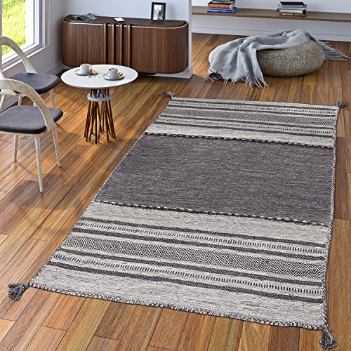 TT Home Handwebteppich Wohnzimmer Natur Webteppich Kelim Modern Baumwolle Streifen Grau, Größe:80x150 cm von TT Home
