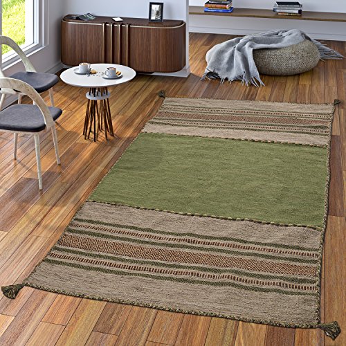 TT Home Handwebteppich Wohnzimmer Natur Webteppich Kelim Modern Baumwolle Streifen Grün, Größe:120x170 cm von TT Home