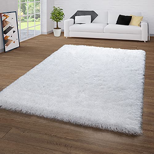 TT Home Hochflor-Teppich Für Wohnzimmer, Shaggy Mit Glitzer-Garn, Einfarbig In Weiß, Größe:120x160 cm von TT Home