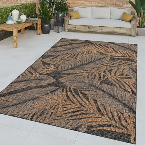 TT Home In-& Outdoor Teppich Wetterfest Balkon Flachgewebe Palmen Motiv Blätter Floral, Farbe:Beige Anthrazit, Größe:60x100 cm von TT Home