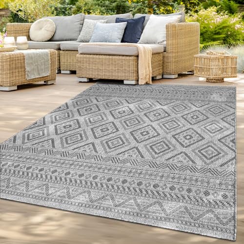 TT Home In-& Outdoor Teppich Wetterfest Balkon Küche Wohnzimmer Boho Rauten Design, Farbe: Dunkelgrau, Größe:133x190 cm von TT Home