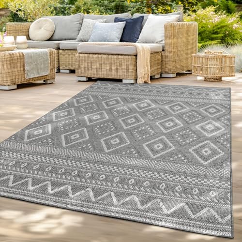TT Home In-& Outdoor Teppich Wetterfest Balkon Küche Wohnzimmer Boho Rauten Design, Farbe: Grau 2, Größe:80 cm Rund von TT Home