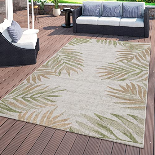 TT Home In- & Outdoorteppich Beige Grün Balkon Terrasse Palmen Muster Strapazierfähig, Größe:80x150 cm von TT Home