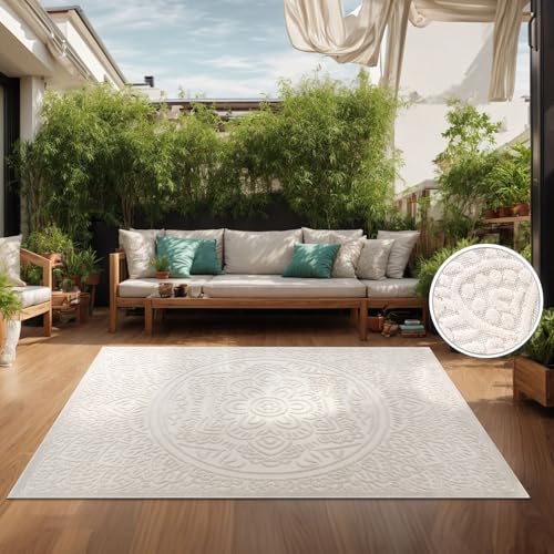 TT Home In-& Outdoorteppich Wetterfest Balkon Schlafzimmer Boho Skandi Motiv Unifarben, Farbe:Creme 3, Größe:60x100 cm von TT Home