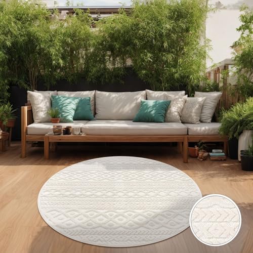 TT Home In-& Outdoorteppich Wetterfest Balkon Schlafzimmer Boho Skandi Motiv Unifarben, Farbe:Creme 4, Größe:120 cm Rund von TT Home