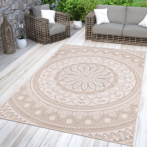 TT Home In-& Outdoorteppich Wetterfest Garten Orientalisches Marokkanisches Boho Design, Farbe: Beige Weiß Sand, Größe:160x220 cm von TT Home