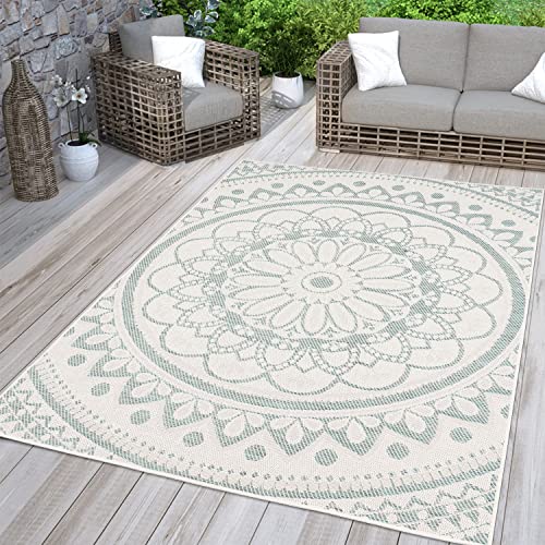 TT Home In-& Outdoorteppich Wetterfest Garten Orientalisches Marokkanisches Boho Design, Farbe: Türkis Weiß, Größe:160x220 cm von TT Home