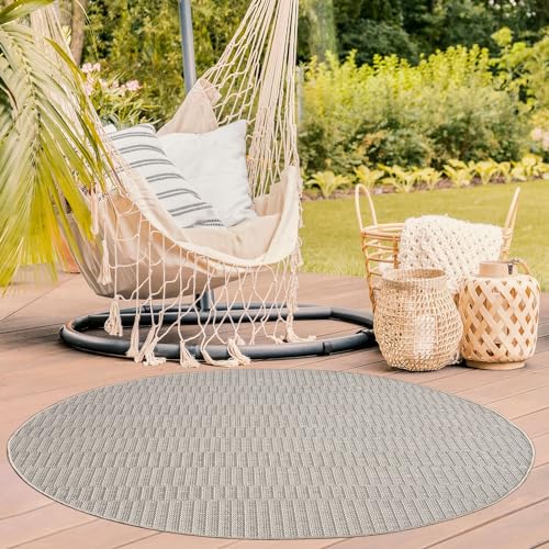 TT Home In-& Outdoorteppich Wetterfest Terrasse Balkon Esszimmer Boho Motiv Moderner Skandi Look Unifarben, Farbe:Beige, Größe:80 cm Rund von TT Home