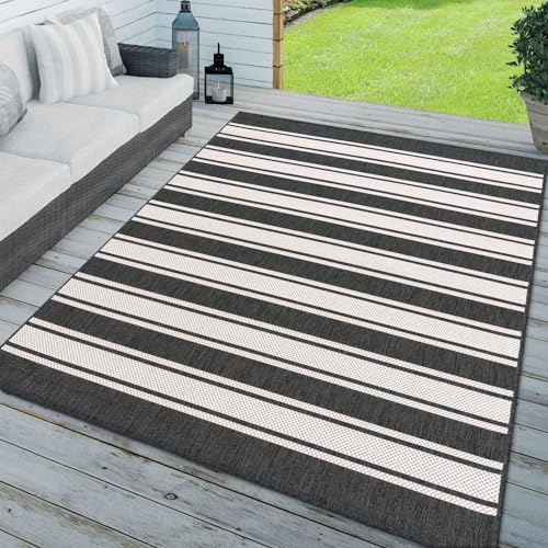 TT Home In-& Outdoorteppich Wetterfest Terrasse Geometrisches Design Gestreiftes Design, Farbe: Weiß Anthrazit, Größe:160x220 cm von TT Home