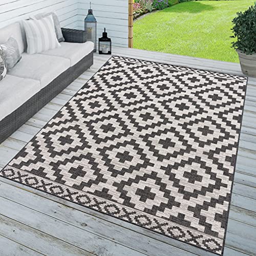 TT Home In-& Outdoorteppich Wetterfest Terrasse Geometrisches Rauten Boho Skandi Design, Farbe: Weiß Schwarz Creme, Größe:160x220 cm von TT Home