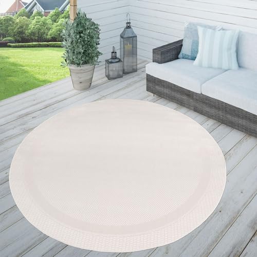 TT Home In-& Outdoorteppich Wetterfest Terrasse Küche Modern Mit Umrandung Unifarben, Farbe: Weiß Creme, Größe:120 cm Rund von TT Home