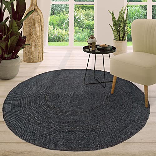 TT Home Jute Teppich Rund Wohnzimmer Esszimmer Boho Modern Handgemacht Mit Umrandung, Farbe: Anthrazit, Größe:200 cm Rund von TT Home