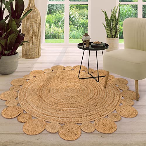 TT Home Jute Teppich Rund Wohnzimmer Esszimmer Boho Modern Handgemacht Mit Umrandung, Farbe: Natur, Größe:100 cm Rund von TT Home