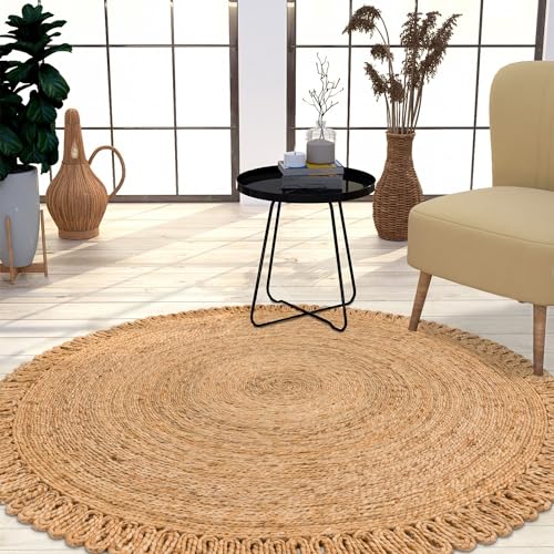 TT Home Jute Teppich Rund Wohnzimmer Esszimmer Boho Modern Handgemacht Mit Umrandung, Farbe: Natur 4, Größe:80 cm Rund von TT Home