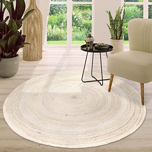 TT Home Jute Teppich Rund Wohnzimmer Esszimmer Boho Modern Handgemacht Mit Umrandung, Farbe: Weiß, Größe:100 cm Rund von TT Home