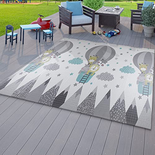 TT Home Kinder Matte Faltbar Spielmatte Krabbelmatte Berge Tier Motiv Wendbar, Farbe:Grau Petrol Creme, Größe:180x200 cm von TT Home