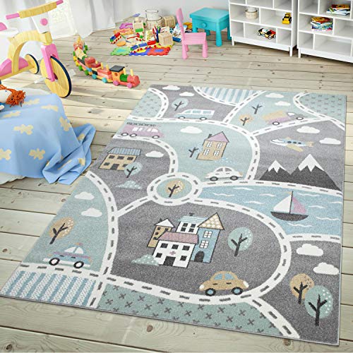 TT Home Kinder-Teppich, Spiel-Teppich Für Kinderzimmer, Mit Straßen-Motiv, In Grün Grau, Größe:140x200 cm von TT Home