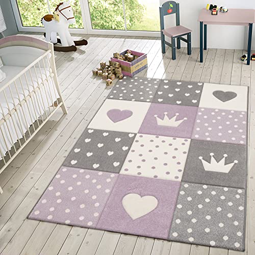 TT Home Kinder Teppich Spielteppich Karos Punkte Sterne Herzen Pastell Lila Grau, Größe:200x290 cm von TT Home